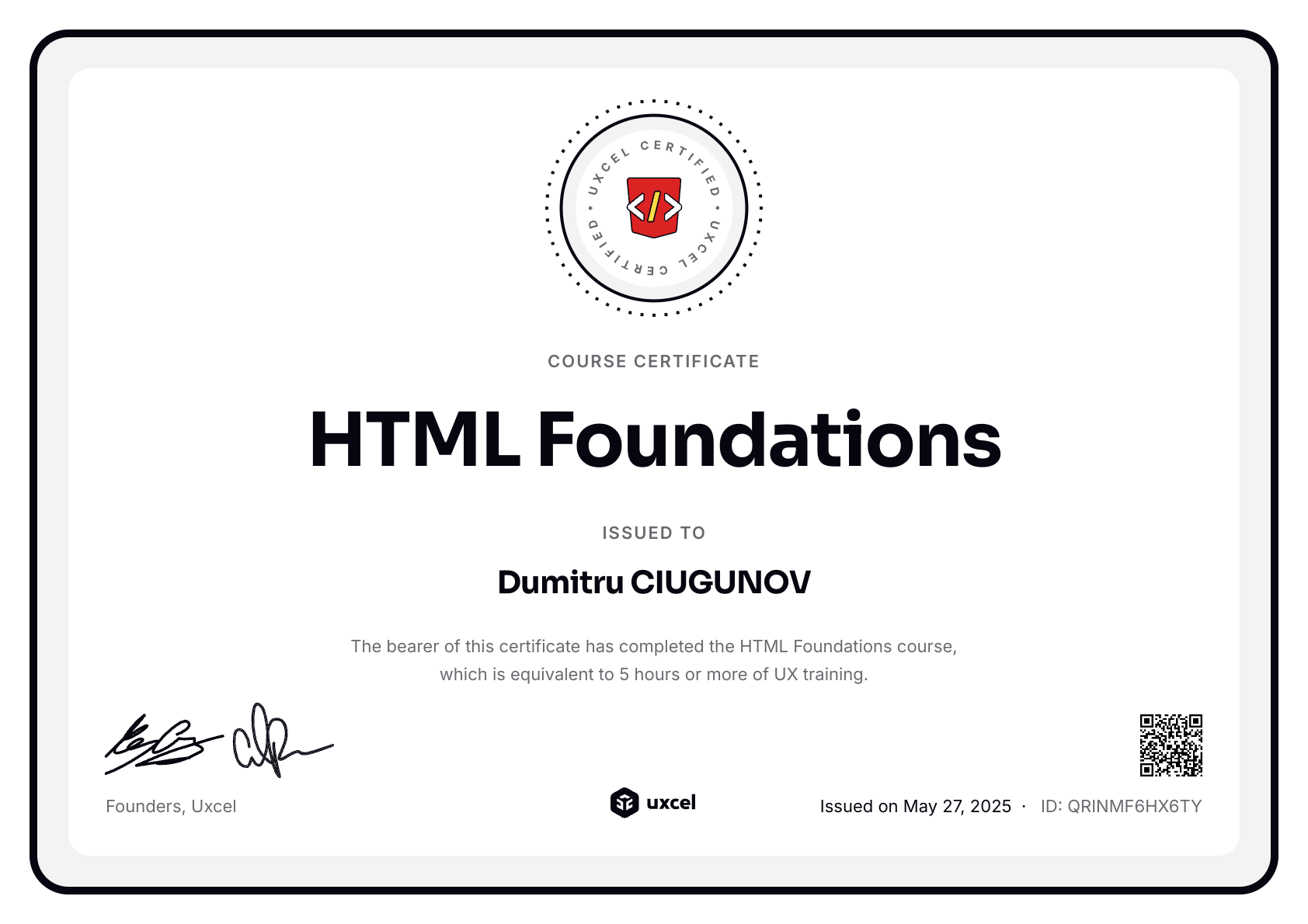 Dumitru CIUGUNOV's certificate